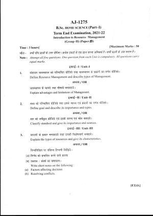 Bilaspur University Question Paper 2021-2022:B.Sc. Home Science Part-I  II. Introduction To Resource Management Paper 2