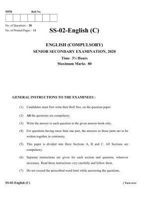 Class 12 2020 English RBSE Question Paper