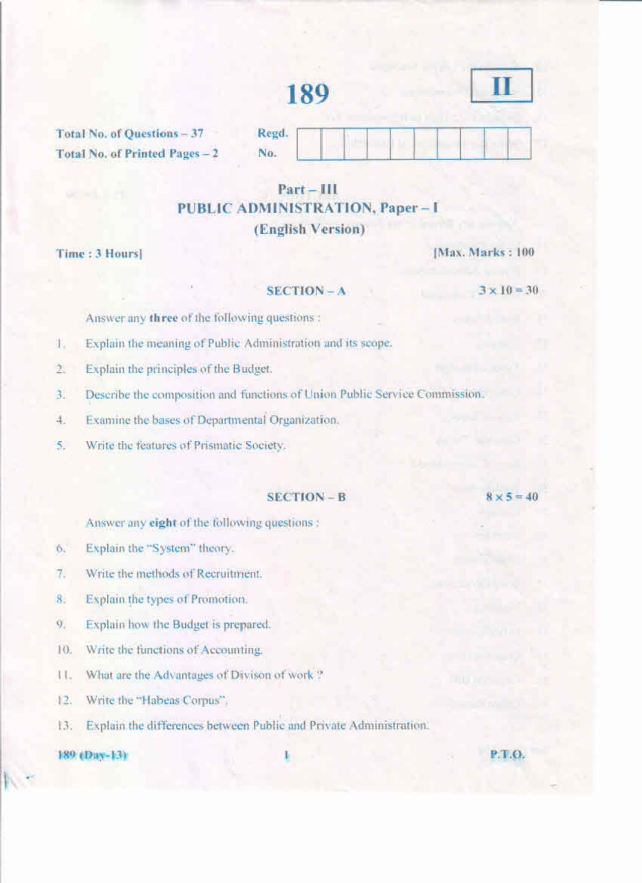 AP Inter 1st Year Public Admninistration-I (EM) May-2019-General Question Paper - Page 1