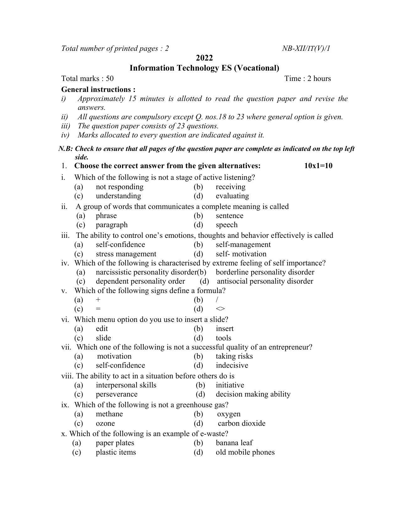 Nagaland Board Class 12 Information Technolgy Enabled Services 2022 Question Paper - Page 1