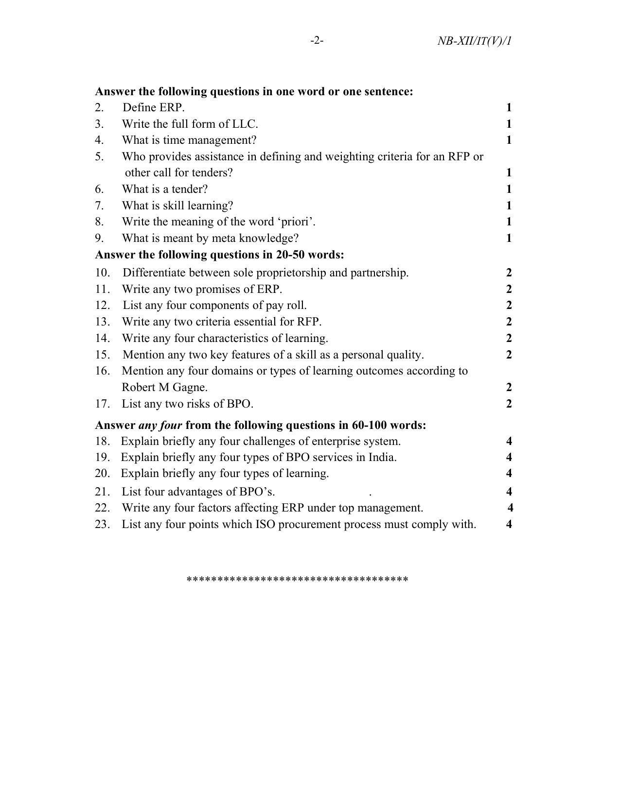 Nagaland Board Class 12 Information Technolgy Enabled Services 2022 Question Paper - Page 2