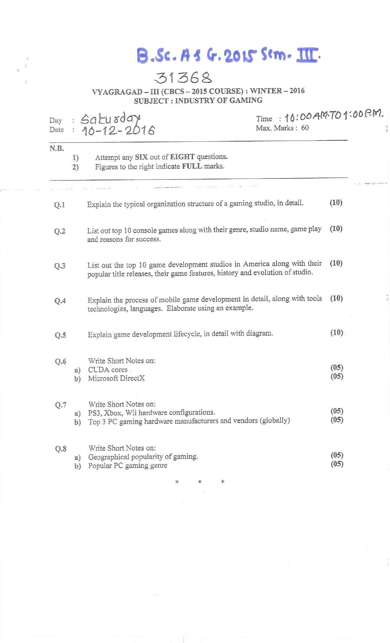 Bharati Vidyapeeth B.SC. A G 2015 COURSE Question Paper - Page 1