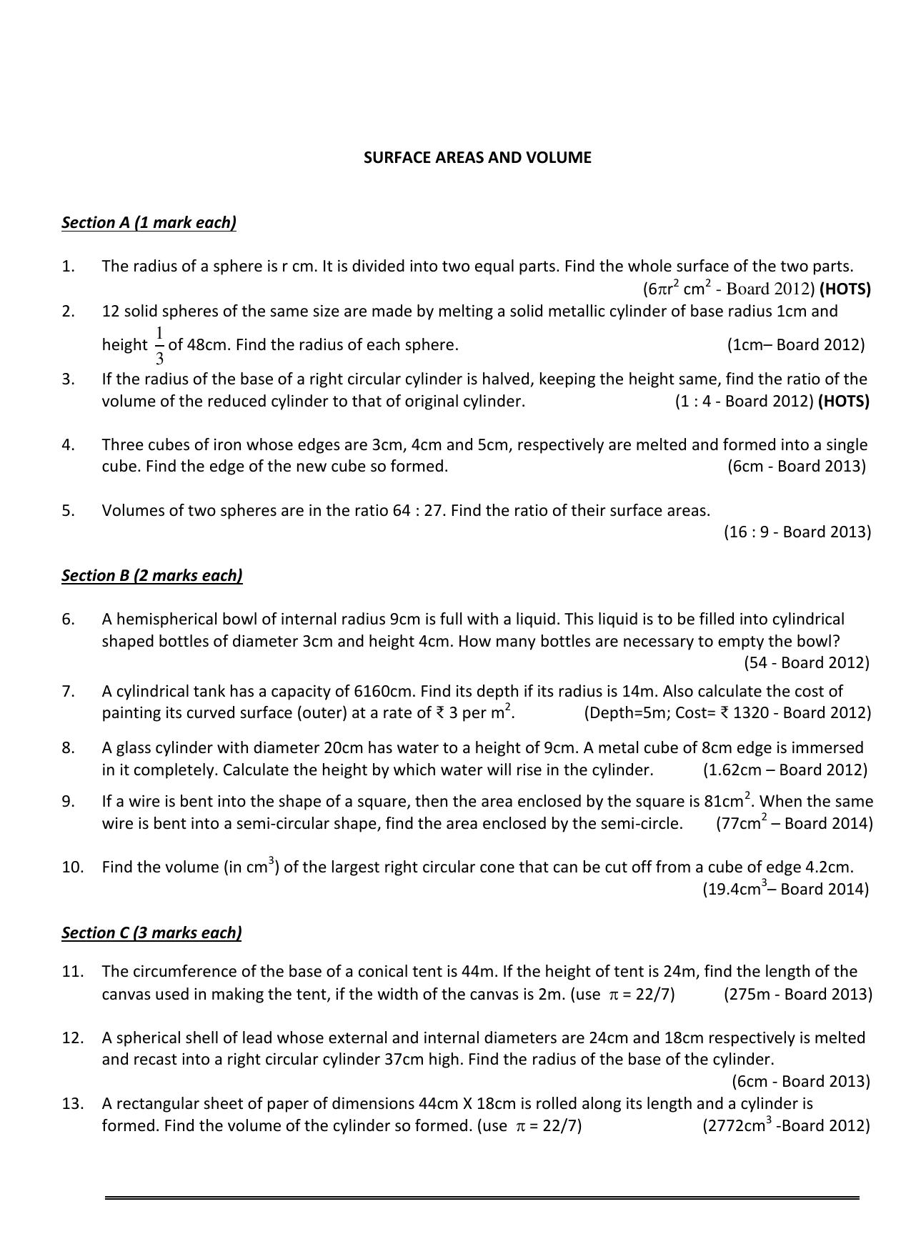 CBSE Worksheets for Class 10 Maths Surface Area and Volume Assignment 3 - Page 1