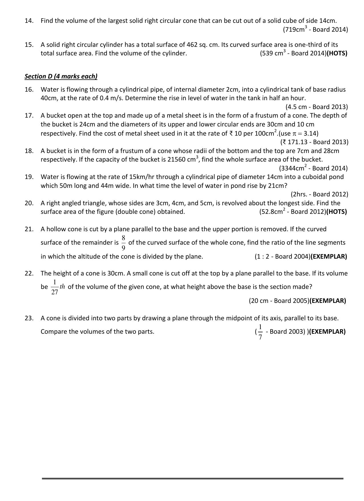 CBSE Worksheets for Class 10 Maths Surface Area and Volume Assignment 3 - Page 2