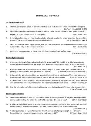 CBSE Worksheets for Class 10 Maths Surface Area and Volume Assignment 3