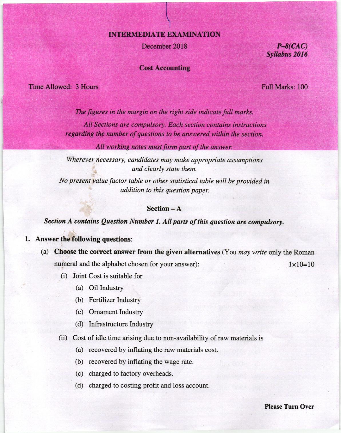 ICMAI Dec 2018 Cost Accounting Question Paper  - Page 1
