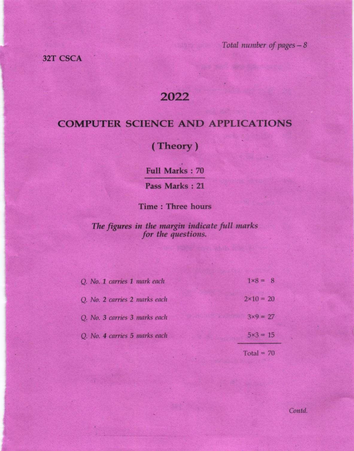 Assam HS 2nd Year Computer Science 2022 Question Paper - Page 1