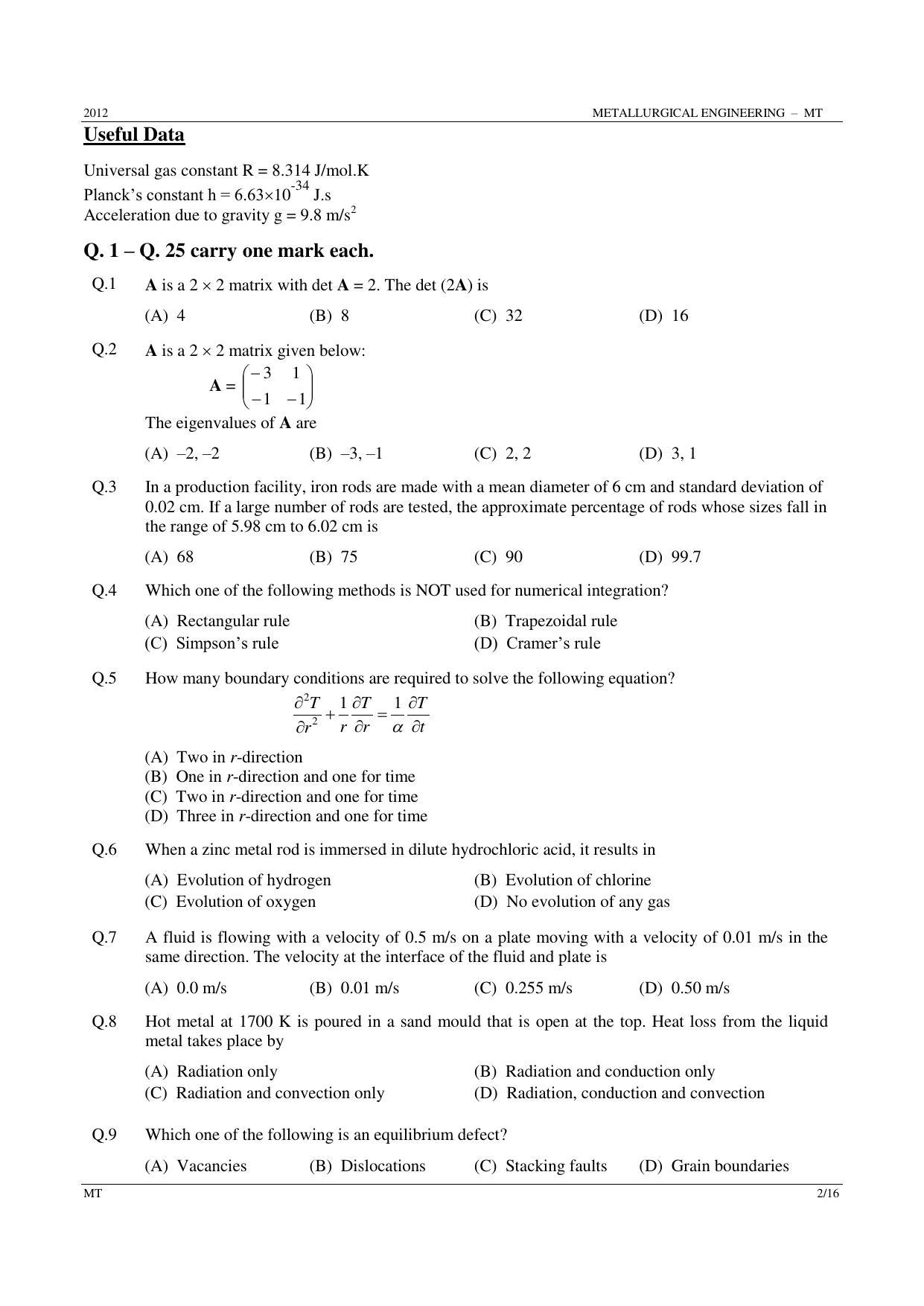 GATE 2012 Metallurgical Engineering (MT) Question Paper with Answer Key - Page 2