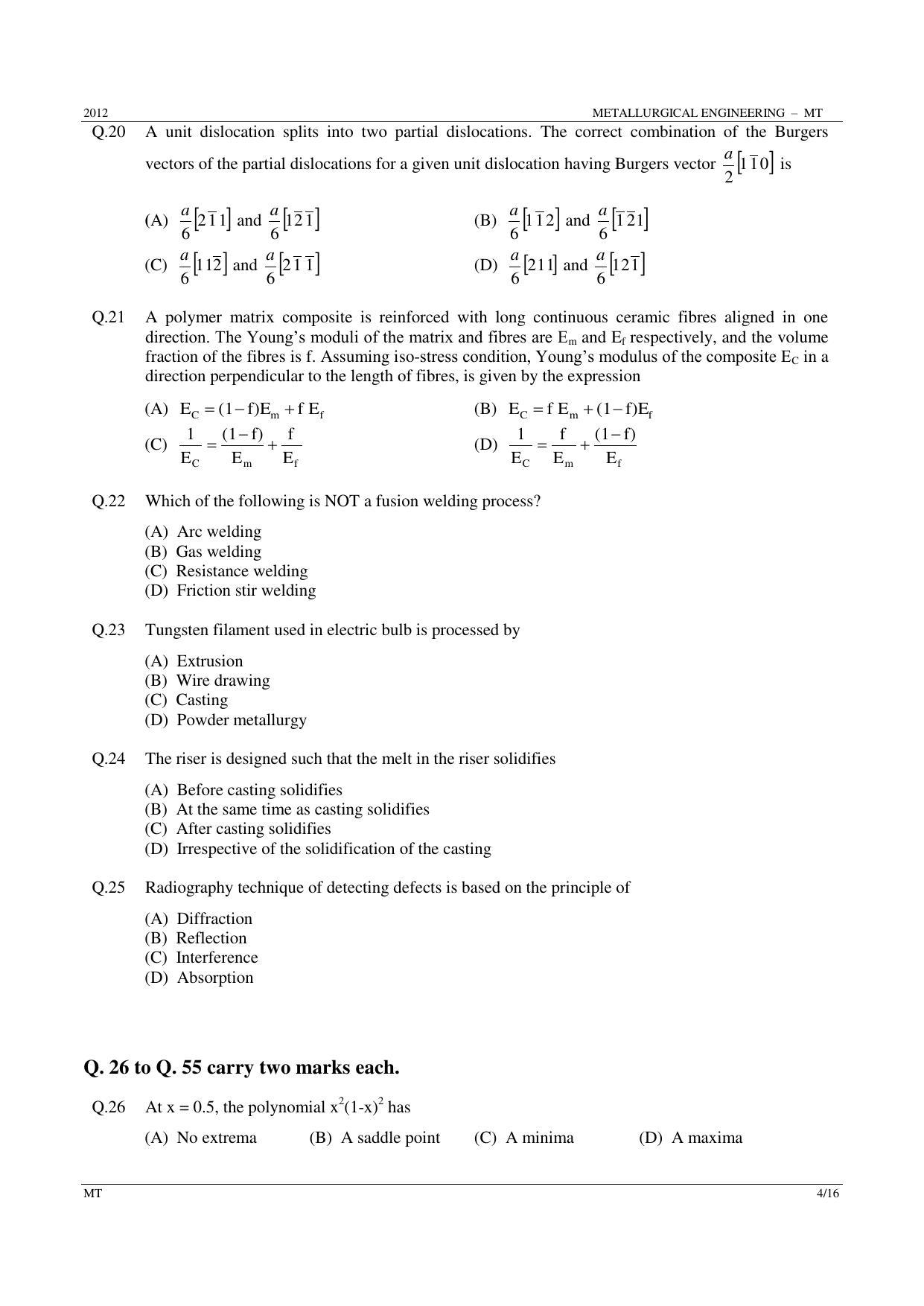 GATE 2012 Metallurgical Engineering (MT) Question Paper with Answer Key - Page 4