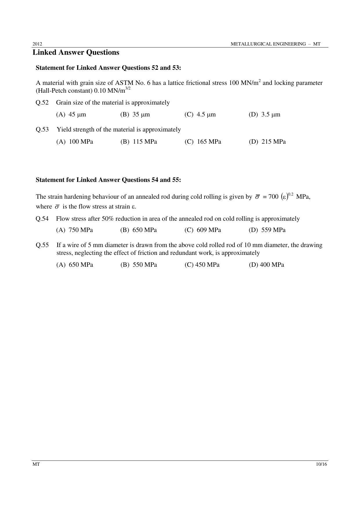 GATE 2012 Metallurgical Engineering (MT) Question Paper with Answer Key - Page 10
