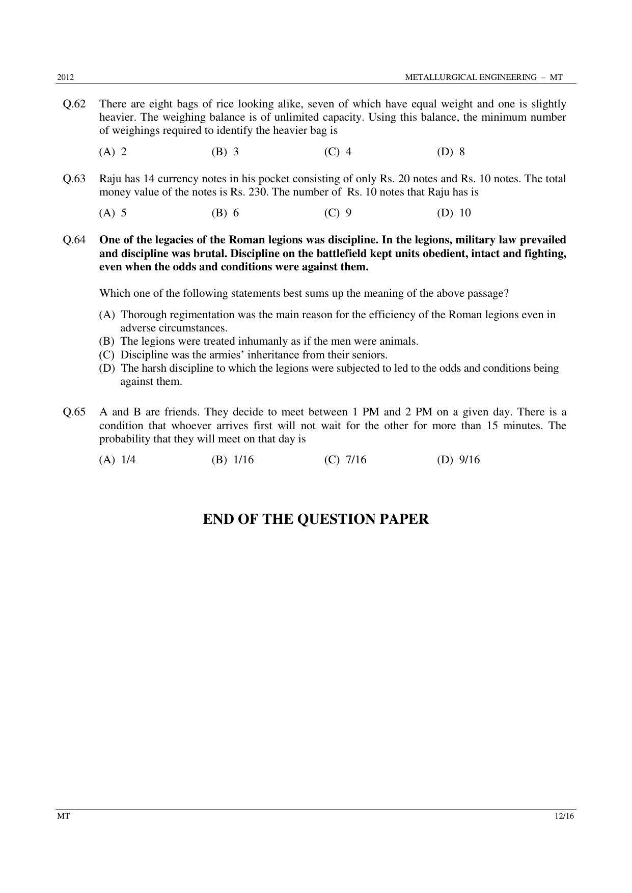 GATE 2012 Metallurgical Engineering (MT) Question Paper with Answer Key - Page 12