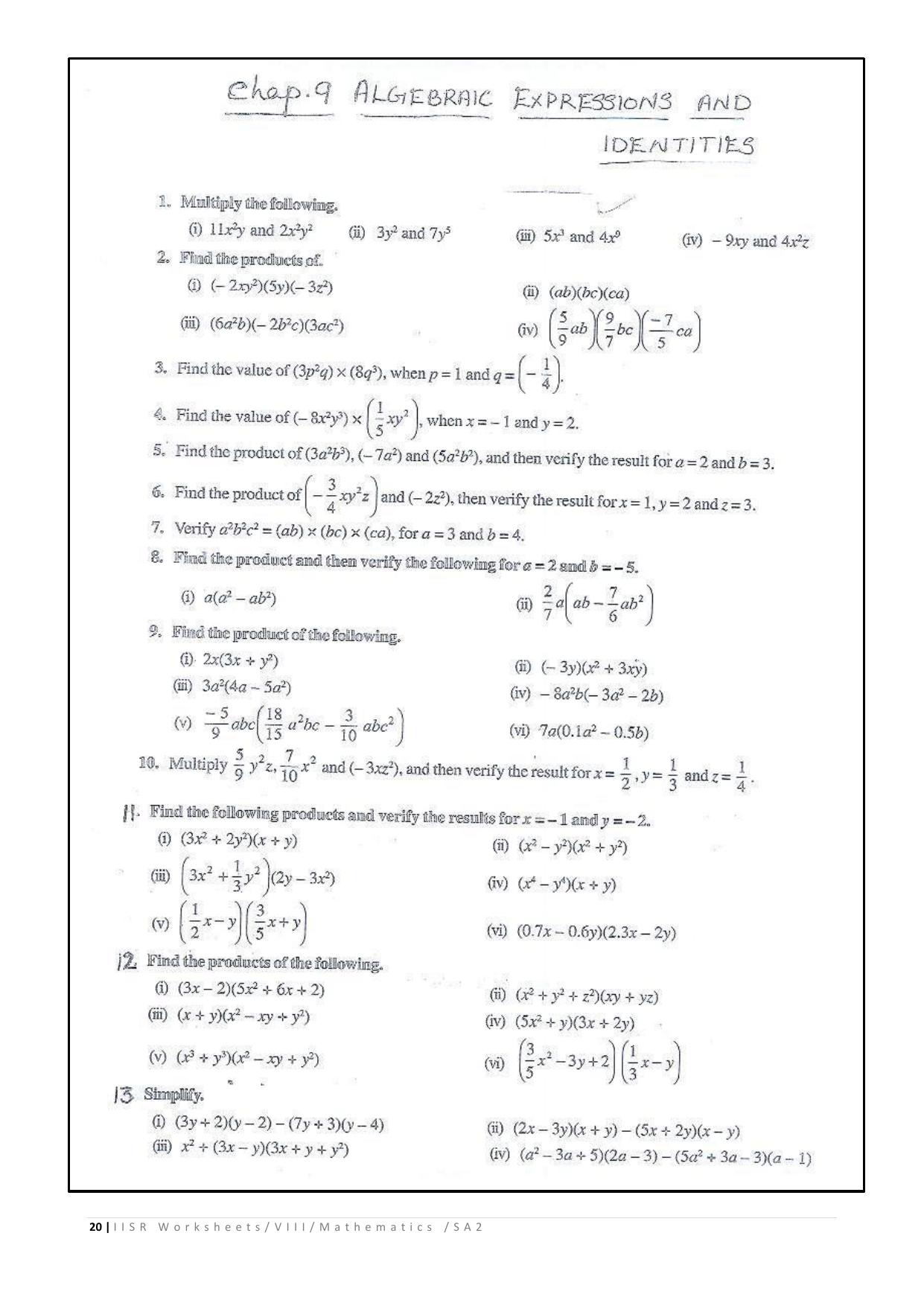 CBSE Worksheets for Class 8 Mathematics Algebraic Expressions and Identities Assignment 5 - Page 1