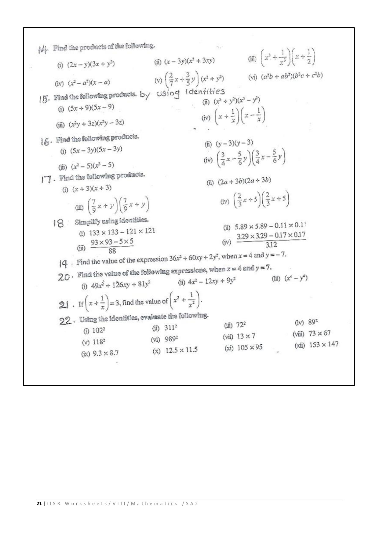 CBSE Worksheets for Class 8 Mathematics Algebraic Expressions and Identities Assignment 5 - Page 2