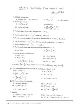 CBSE Worksheets for Class 8 Mathematics Algebraic Expressions and Identities Assignment 5