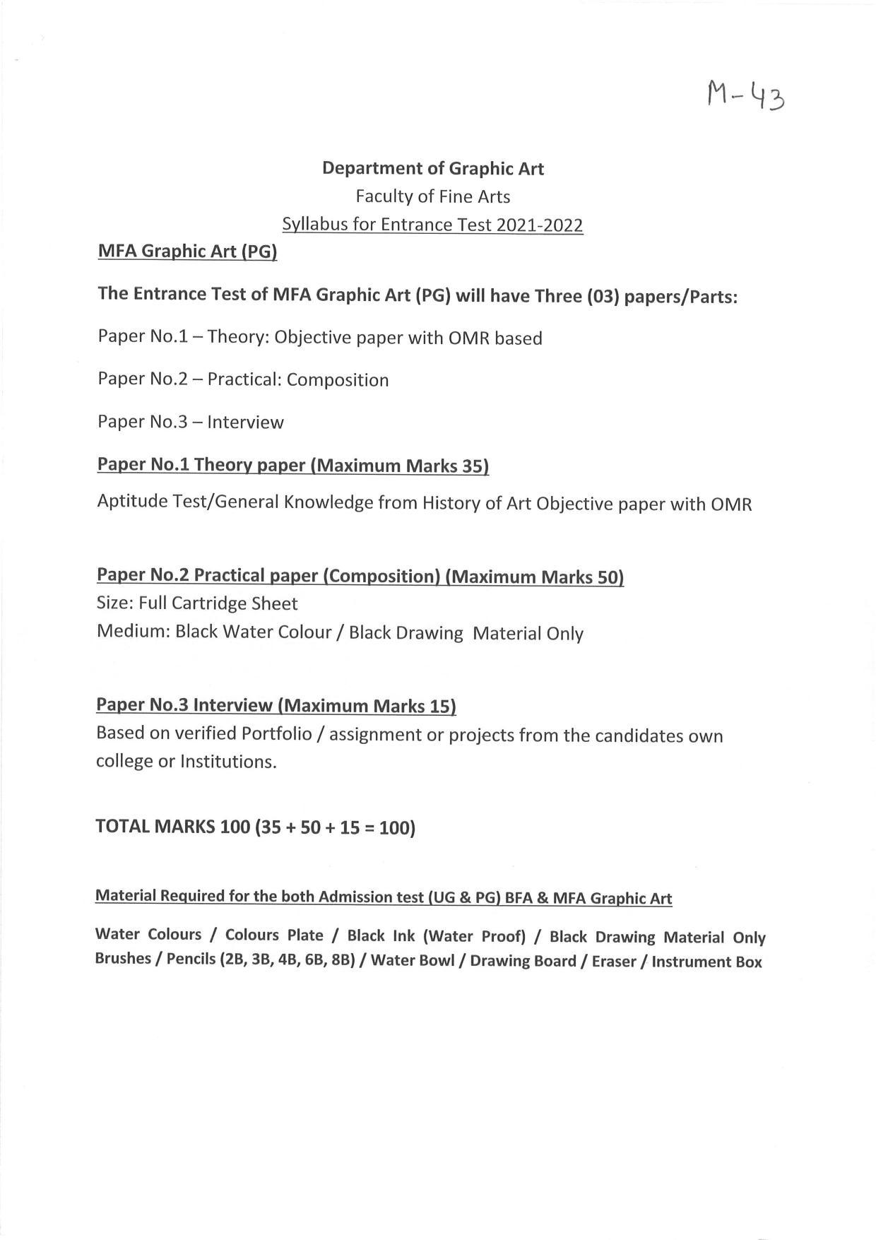 JMI Entrance Exam M43-M.F.A(Graphic Art)(Print Making) Syllabus - Page 1