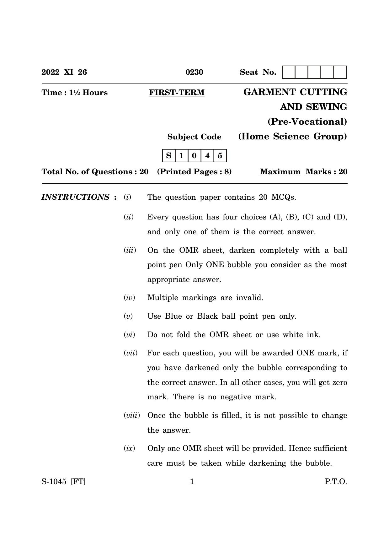 Goa Board Class 10 Garment Cutting and Sewing (November 2022) Question Paper - Page 1