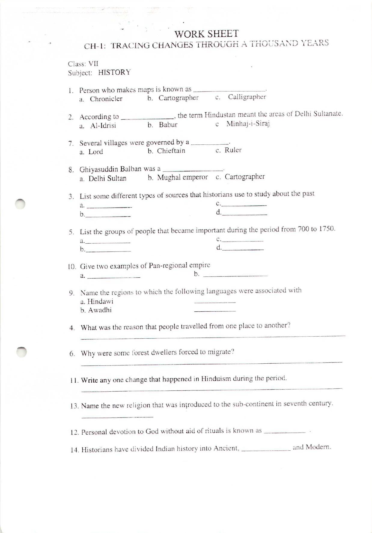 CBSE Worksheets for Class 7 Geography Thousand years Assignment 2 - Page 1