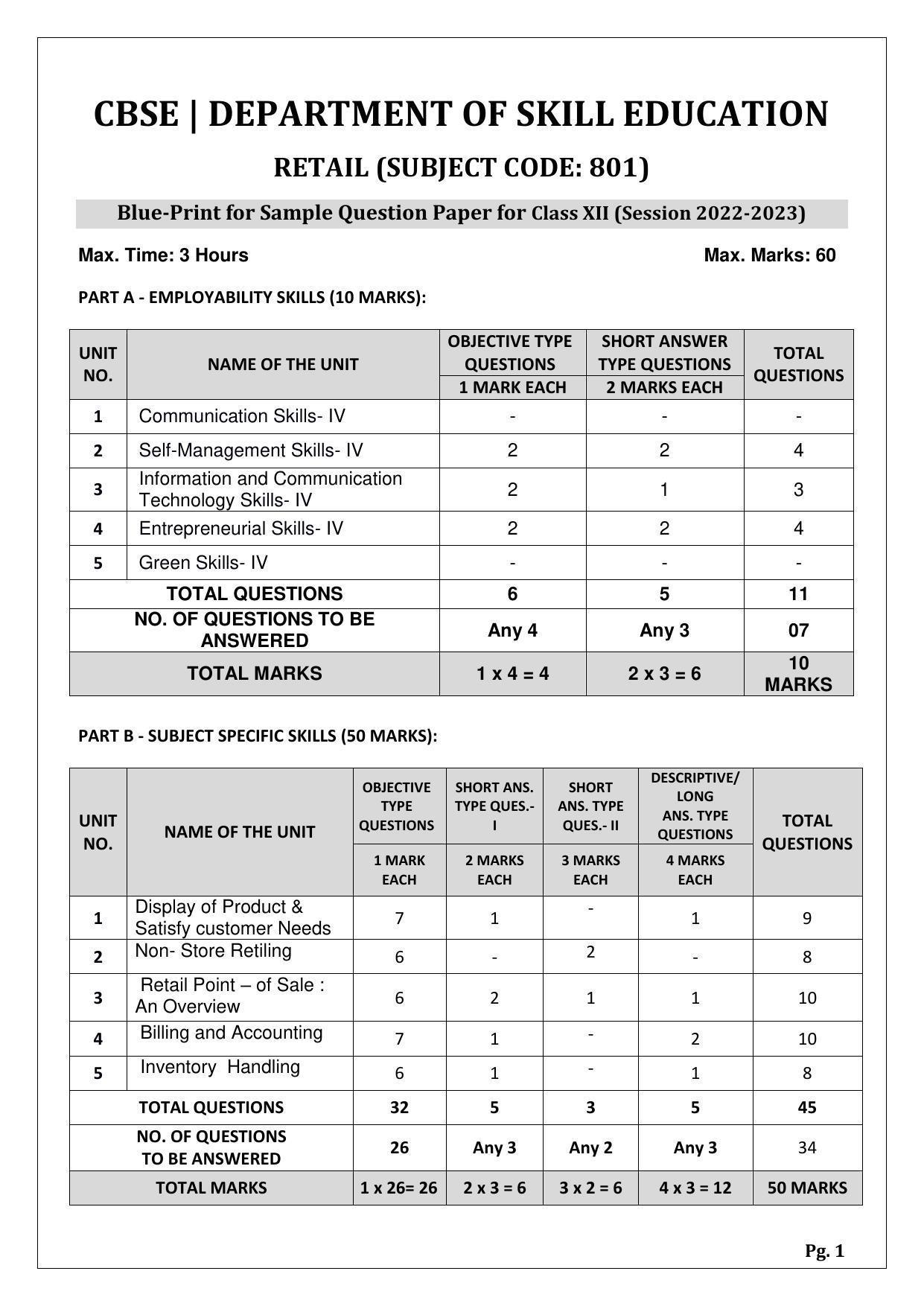 CBSE Class 12 Retail Sample Papers 2023 - Page 1