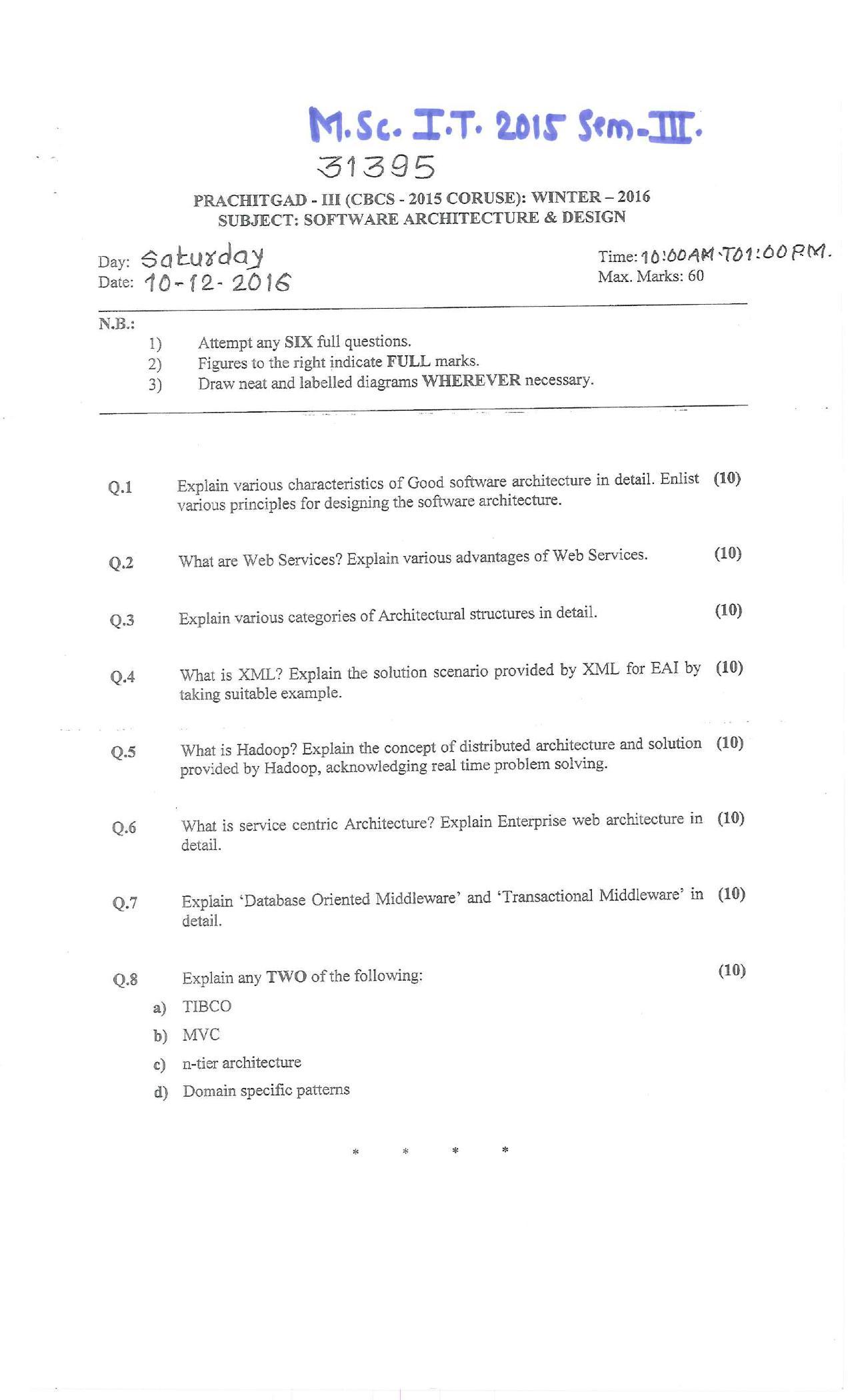 Bharati Vidyapeeth M.SC IT 2015 (SEM-III) Question Paper - Page 1