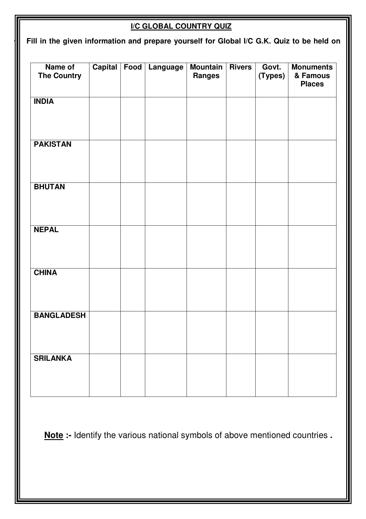 Worksheet for Class 3 GK Assignment 8 Countries - Page 1