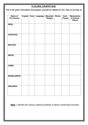 Worksheet for Class 3 GK Assignment 8 Countries