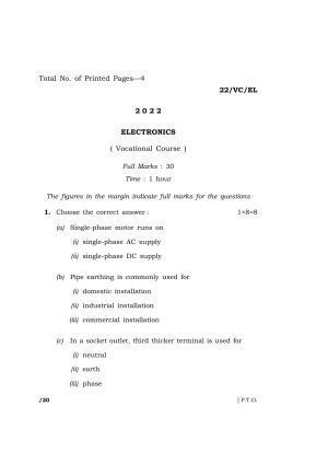 Meghalaya Board (MBOSE) Class 10 ELECTRONICS  (22_VC_EL) 2022 Question Paper