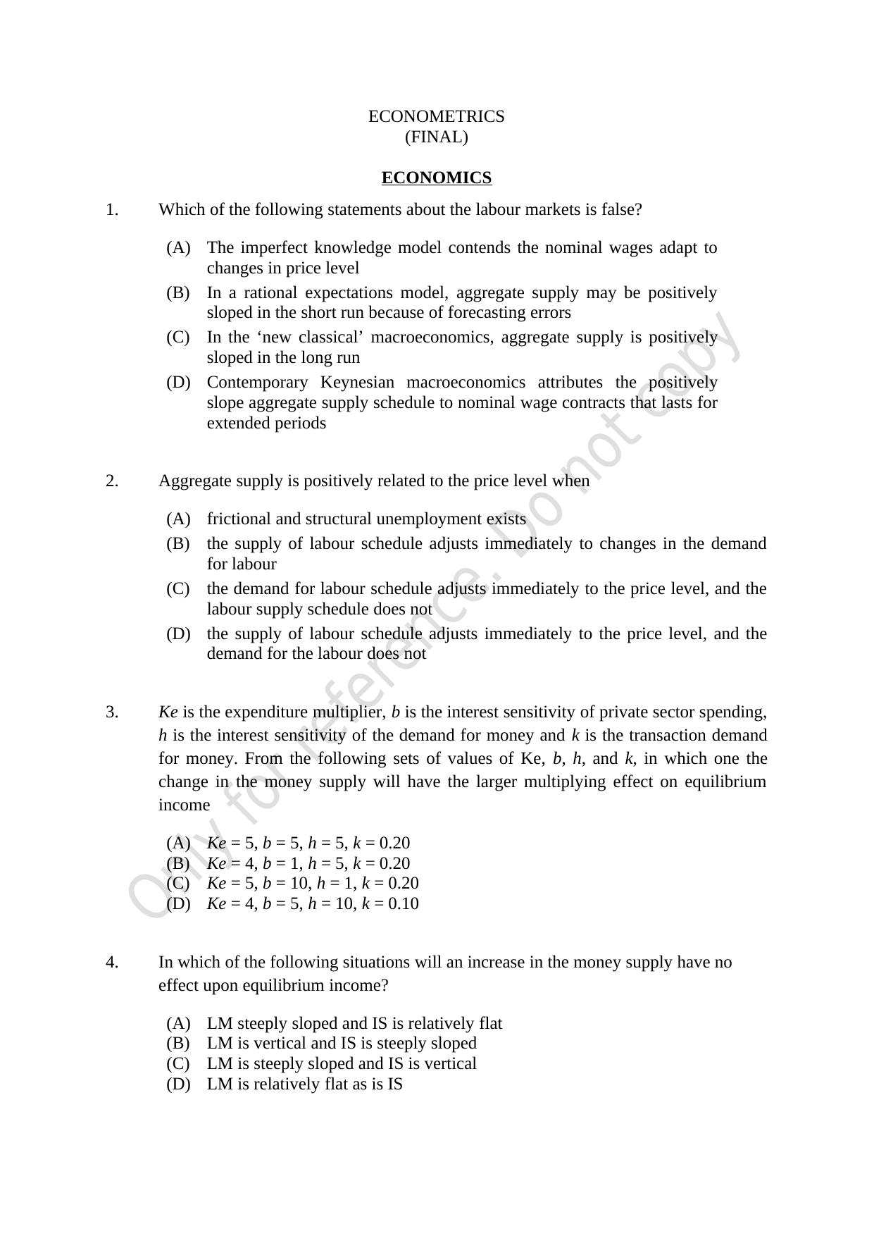 CUSAT CAT 2021 Econometrics And Financial Technology Question Paper - Page 1