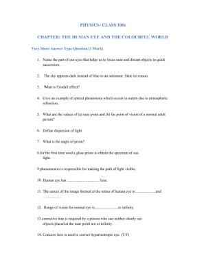 JKBOSE Class 10 Human Eye Question Bank