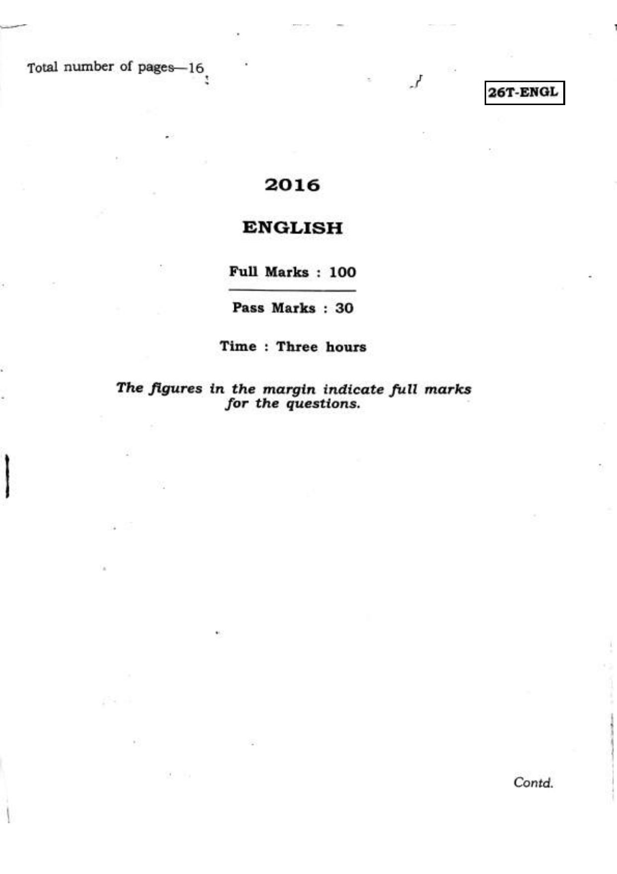 Assam HS 2nd Year English 2016 Question Paper - Page 1