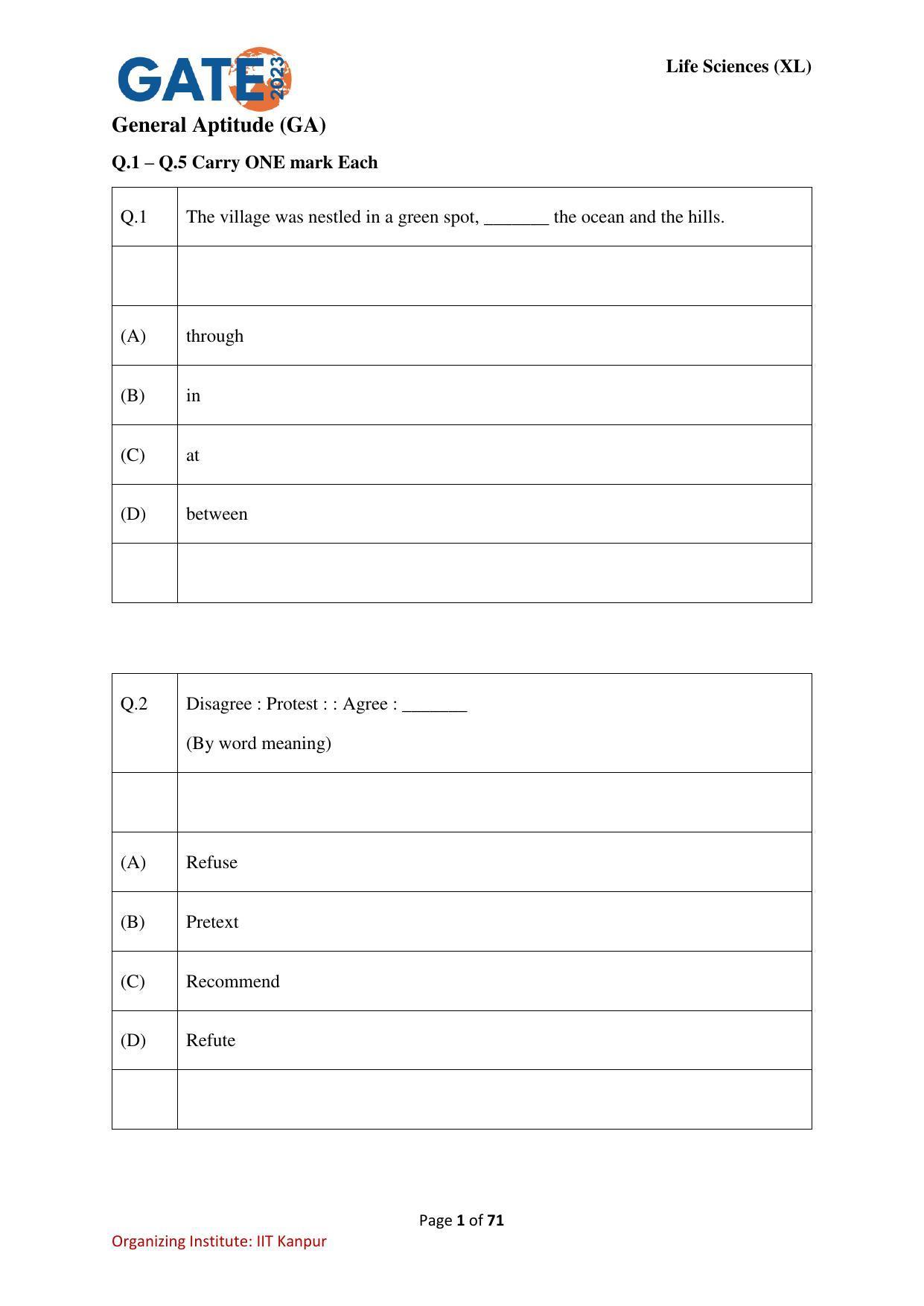 GATE 2023 Life Sciences (XL) Question Paper - Page 1