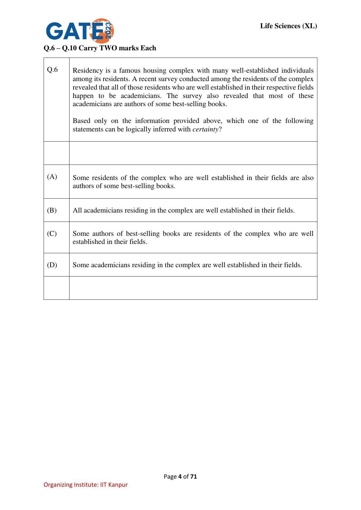 GATE 2023 Life Sciences (XL) Question Paper - Page 4