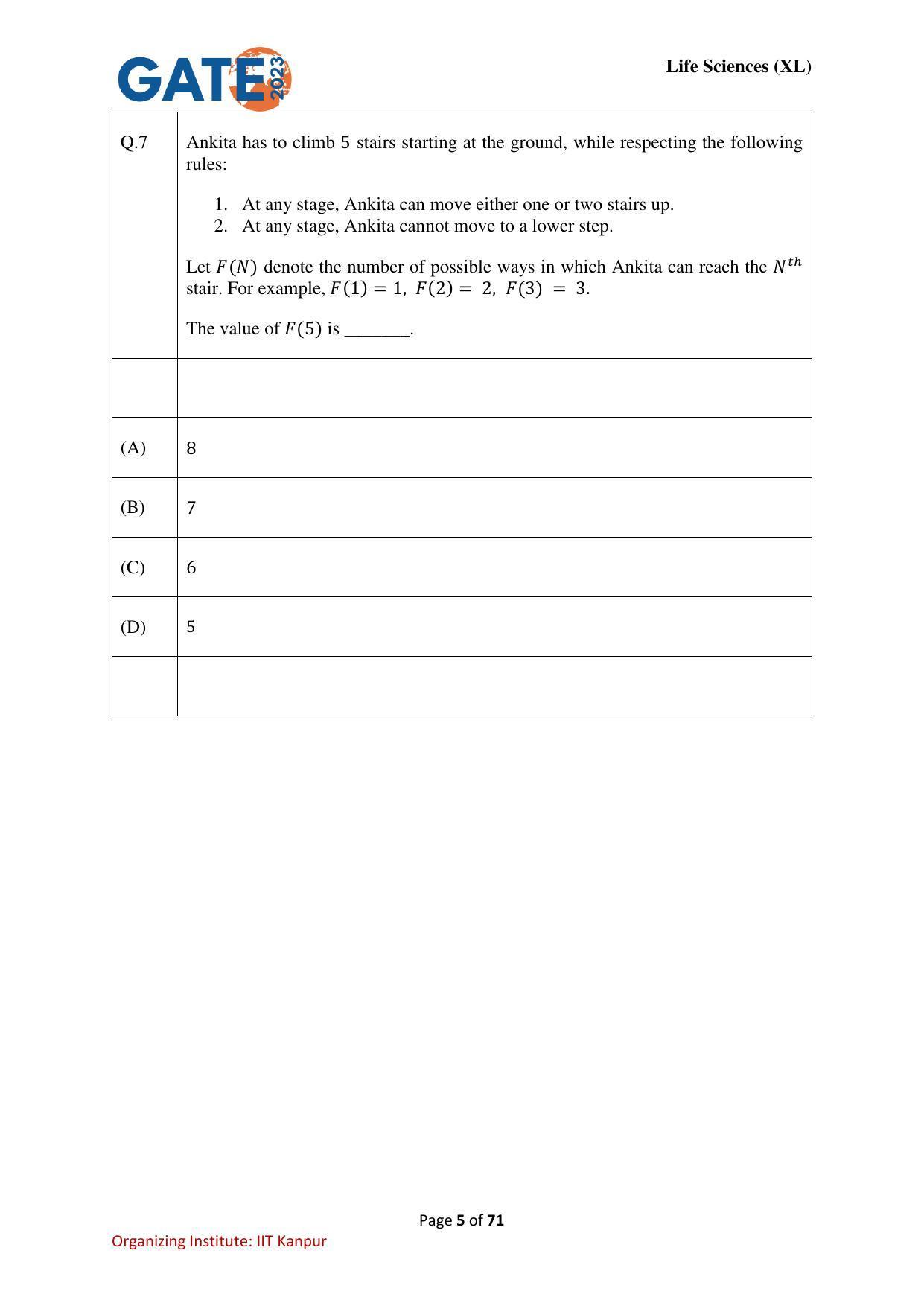 GATE 2023 Life Sciences (XL) Question Paper - Page 5