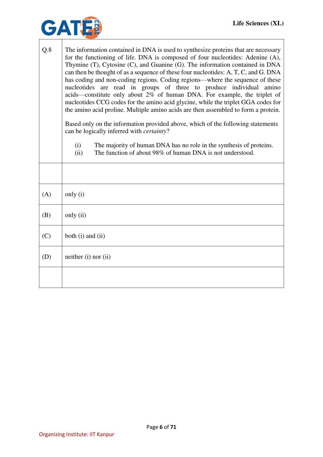 GATE 2023 Life Sciences (XL) Question Paper - Page 6