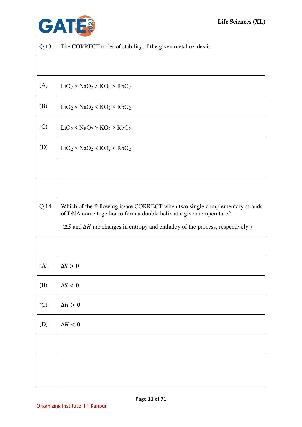 GATE 2023 Life Sciences (XL) Question Paper - Page 11