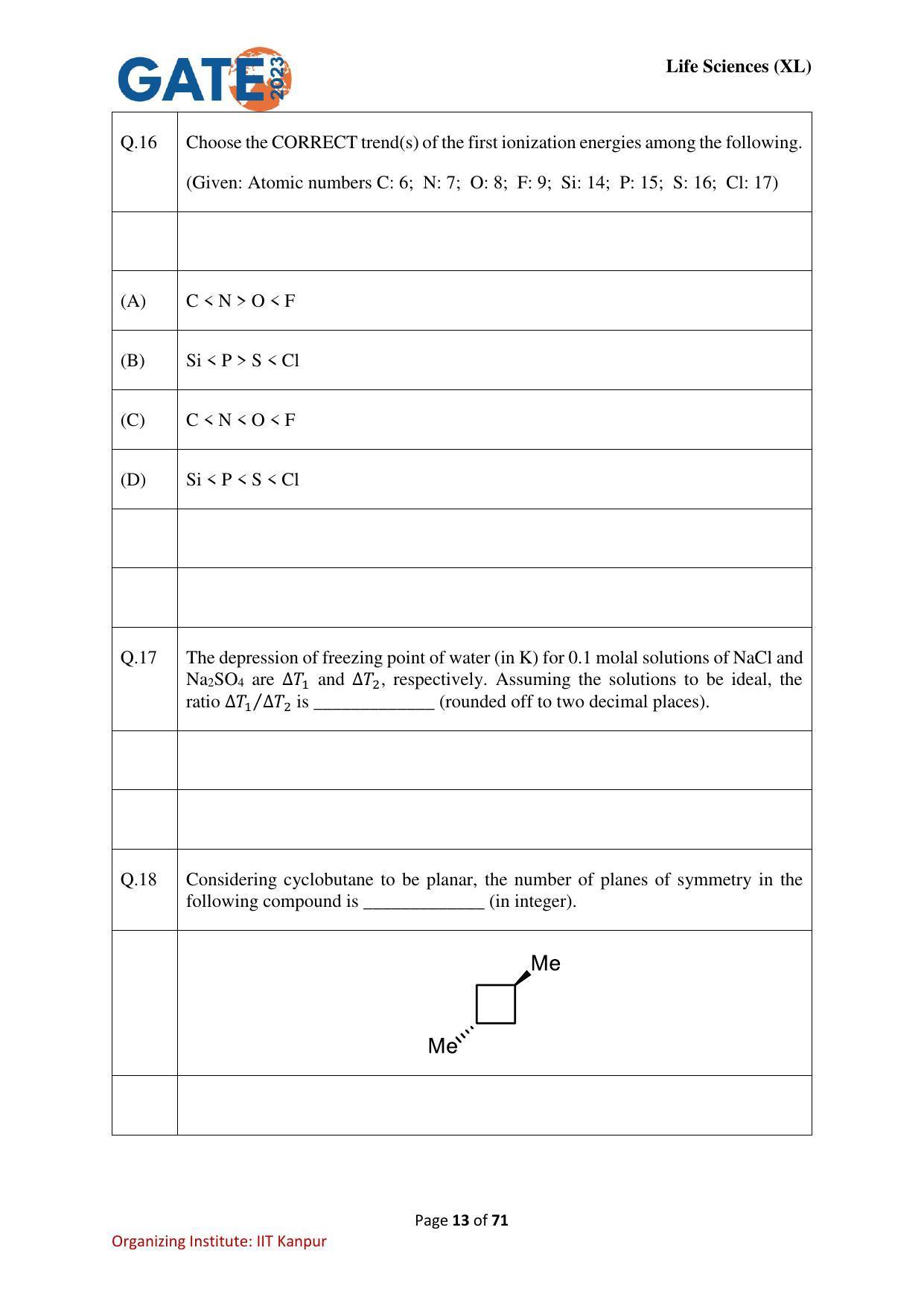 GATE 2023 Life Sciences (XL) Question Paper - Page 13