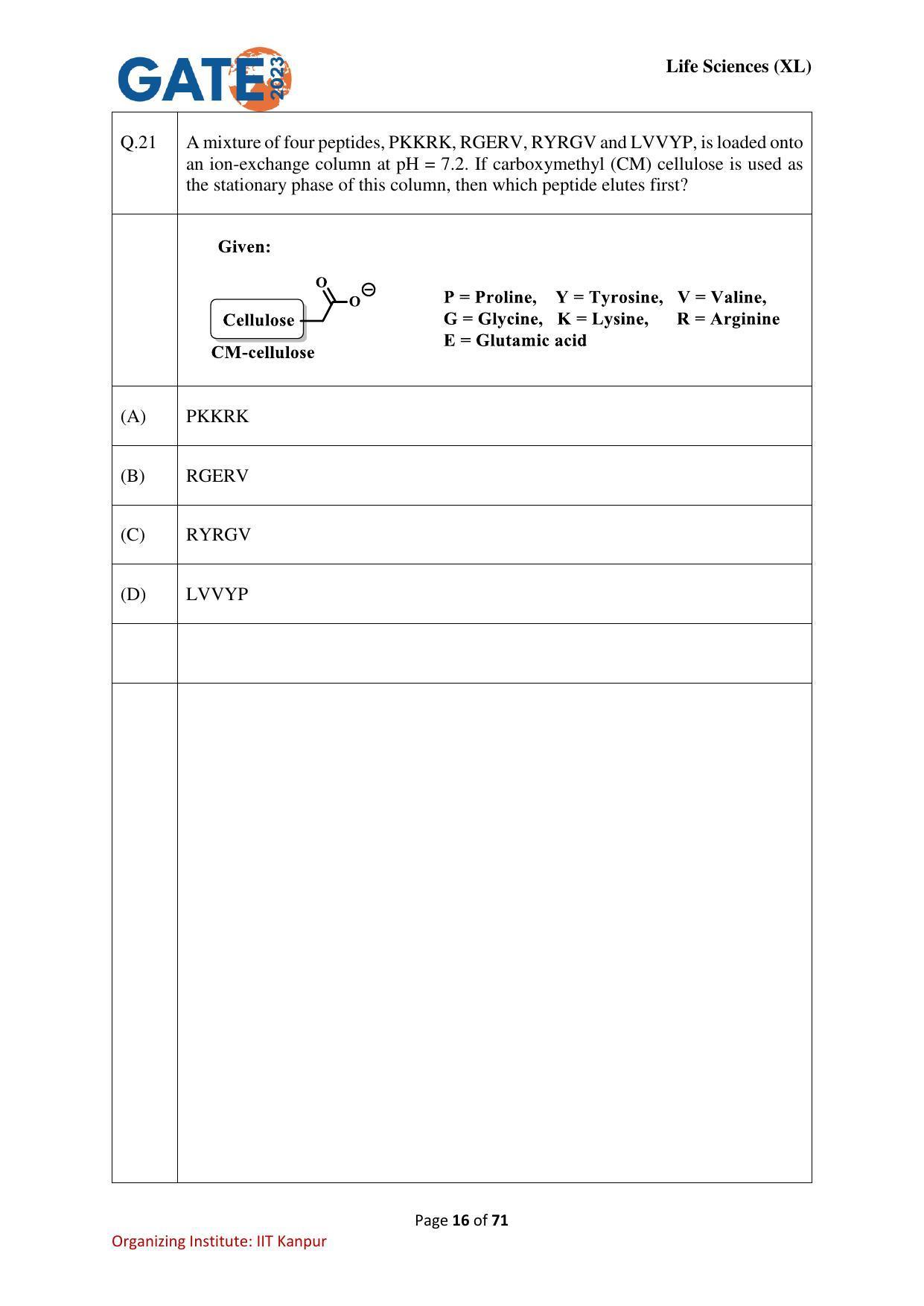 GATE 2023 Life Sciences (XL) Question Paper - Page 16