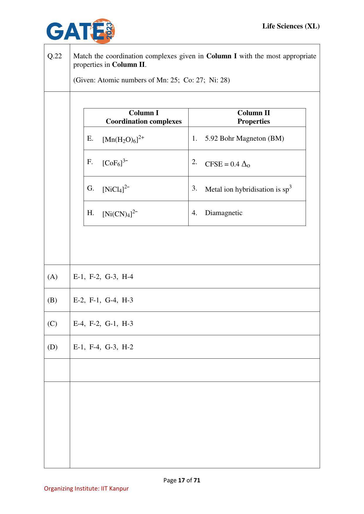 GATE 2023 Life Sciences (XL) Question Paper - Page 17