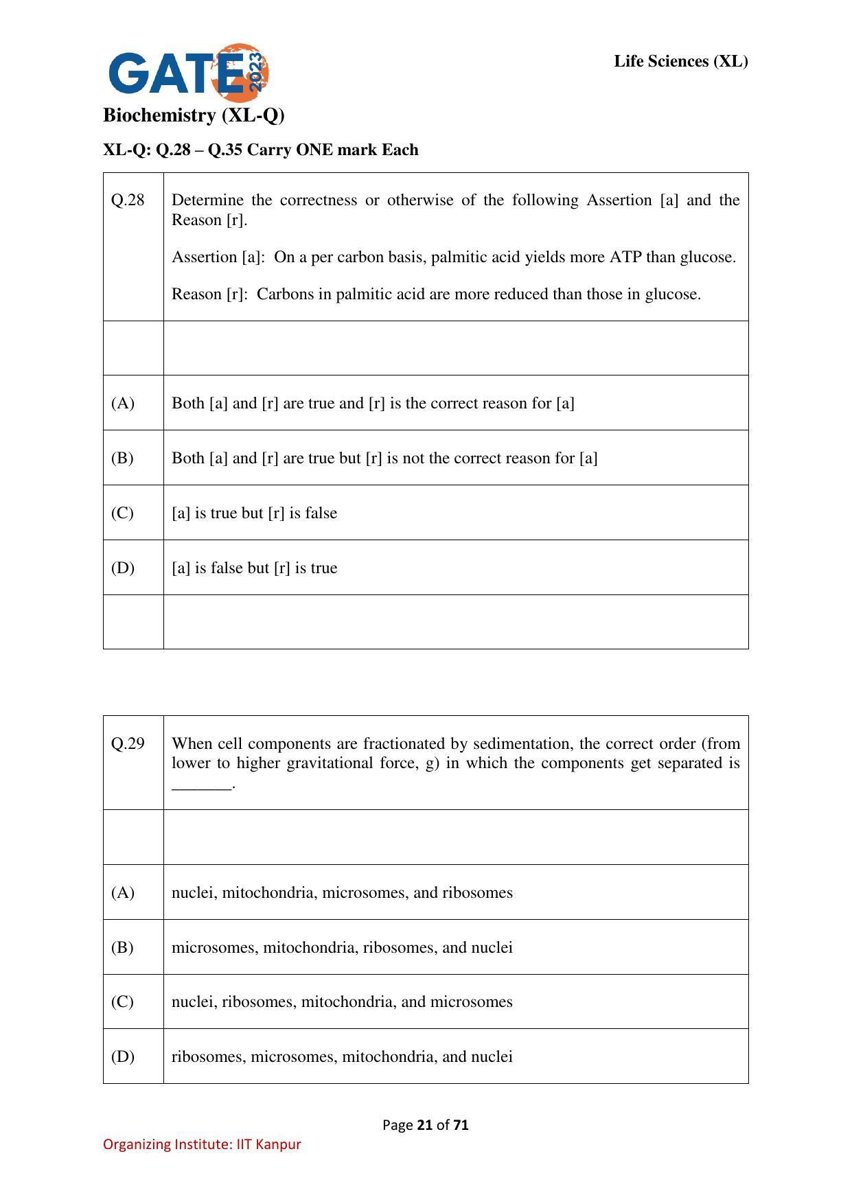 GATE 2023 Life Sciences (XL) Question Paper - Page 21