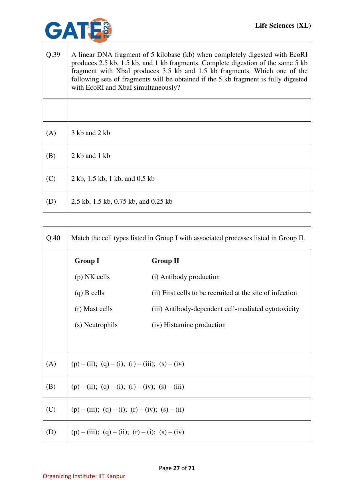 GATE 2023 Life Sciences (XL) Question Paper - Page 27