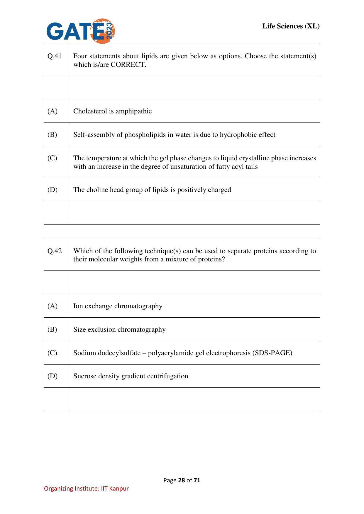 GATE 2023 Life Sciences (XL) Question Paper - Page 28