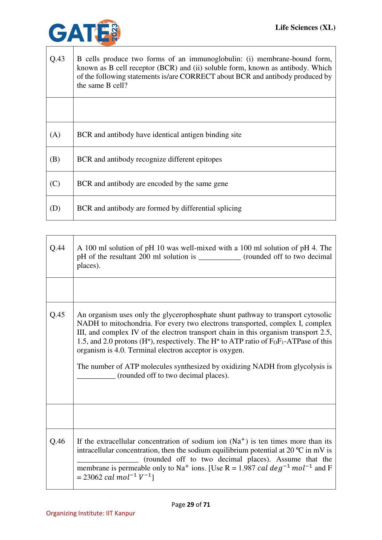 GATE 2023 Life Sciences (XL) Question Paper - Page 29