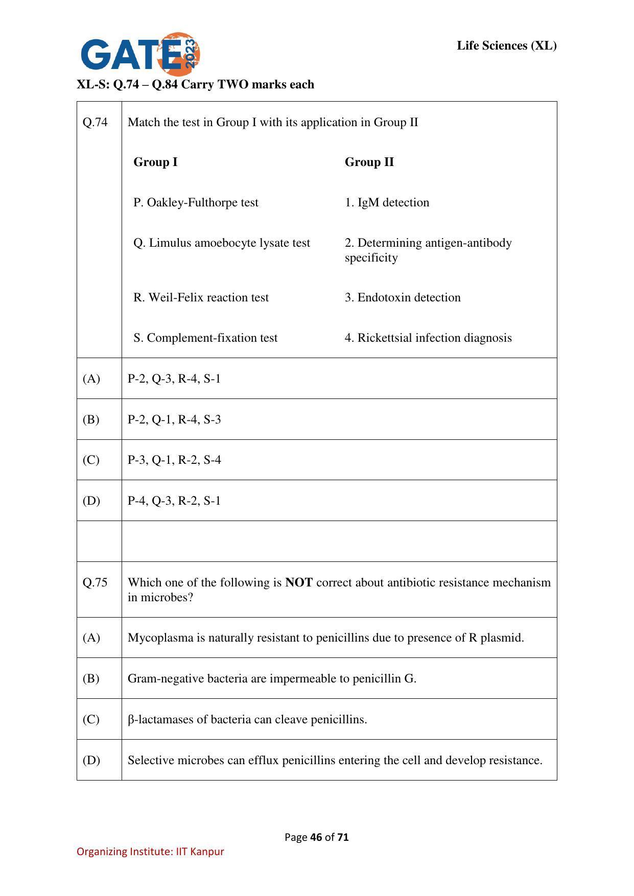 GATE 2023 Life Sciences (XL) Question Paper - Page 46