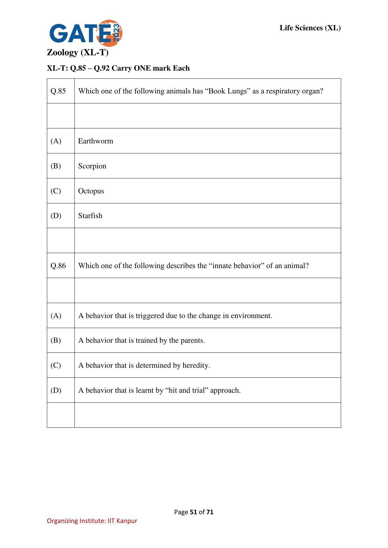 GATE 2023 Life Sciences (XL) Question Paper - Page 51