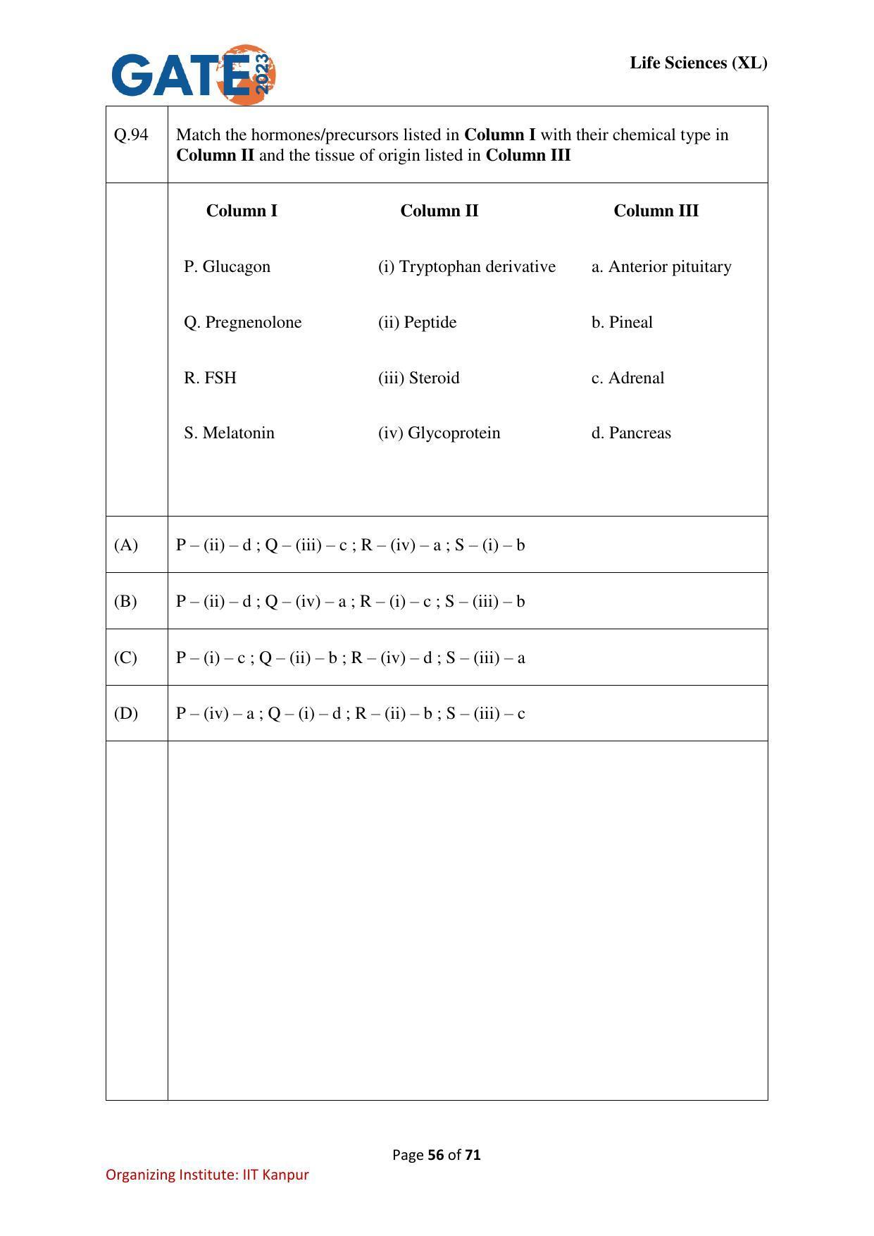GATE 2023 Life Sciences (XL) Question Paper - Page 56