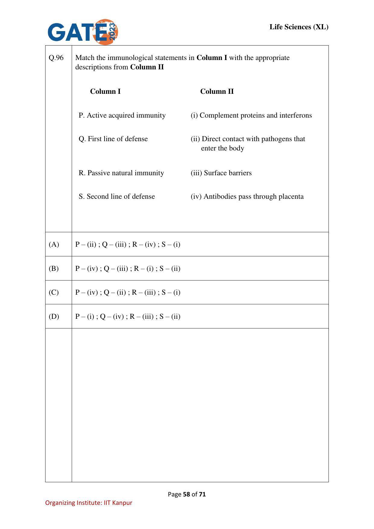 GATE 2023 Life Sciences (XL) Question Paper - Page 58