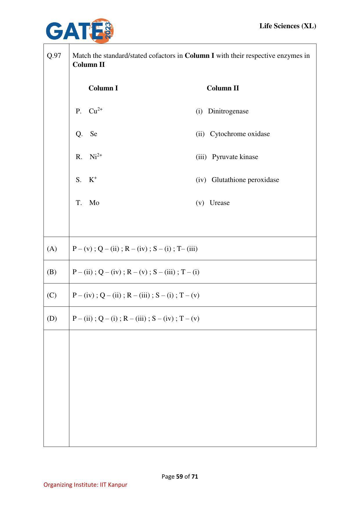 GATE 2023 Life Sciences (XL) Question Paper - Page 59