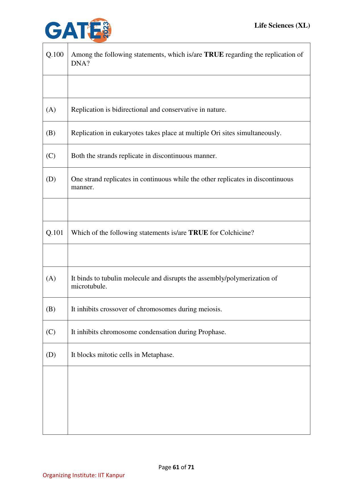 GATE 2023 Life Sciences (XL) Question Paper - Page 61