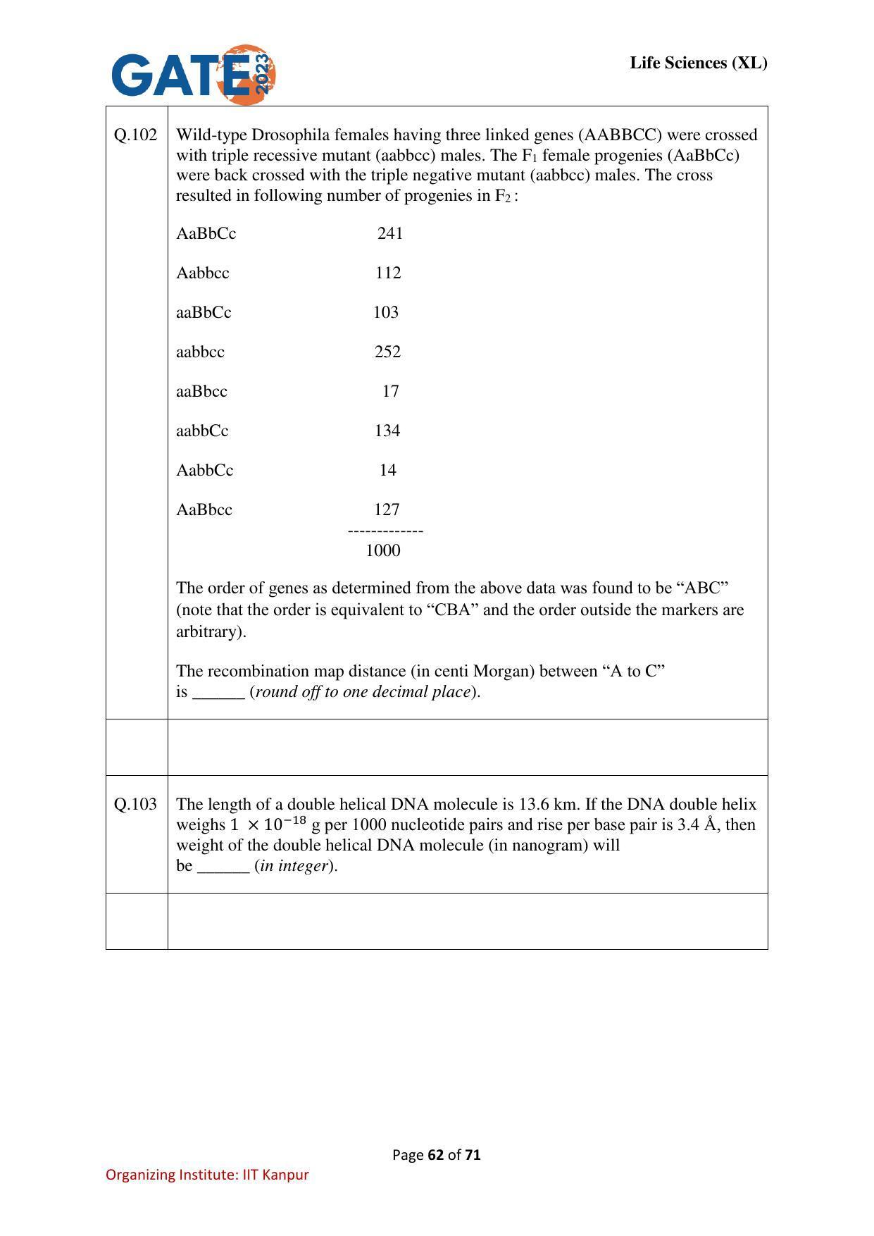 GATE 2023 Life Sciences (XL) Question Paper - Page 62