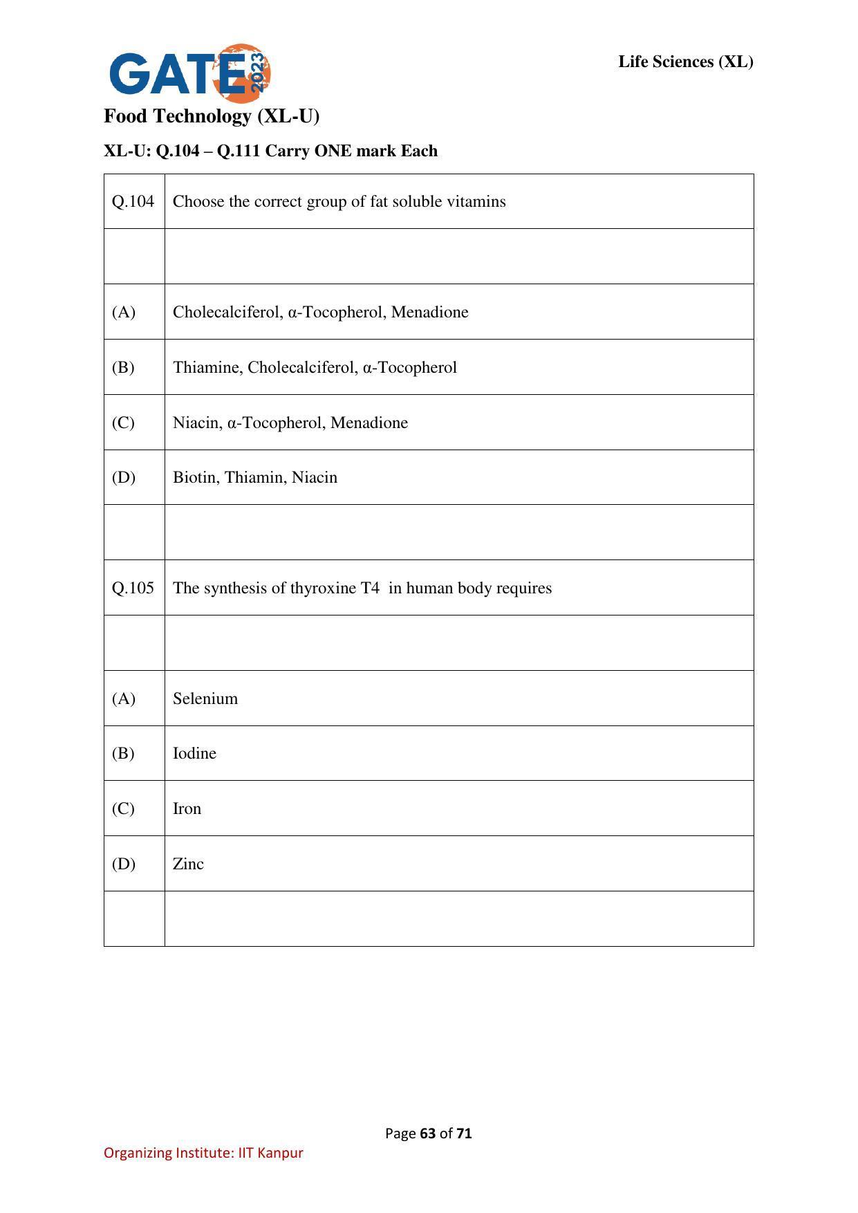 GATE 2023 Life Sciences (XL) Question Paper - Page 63