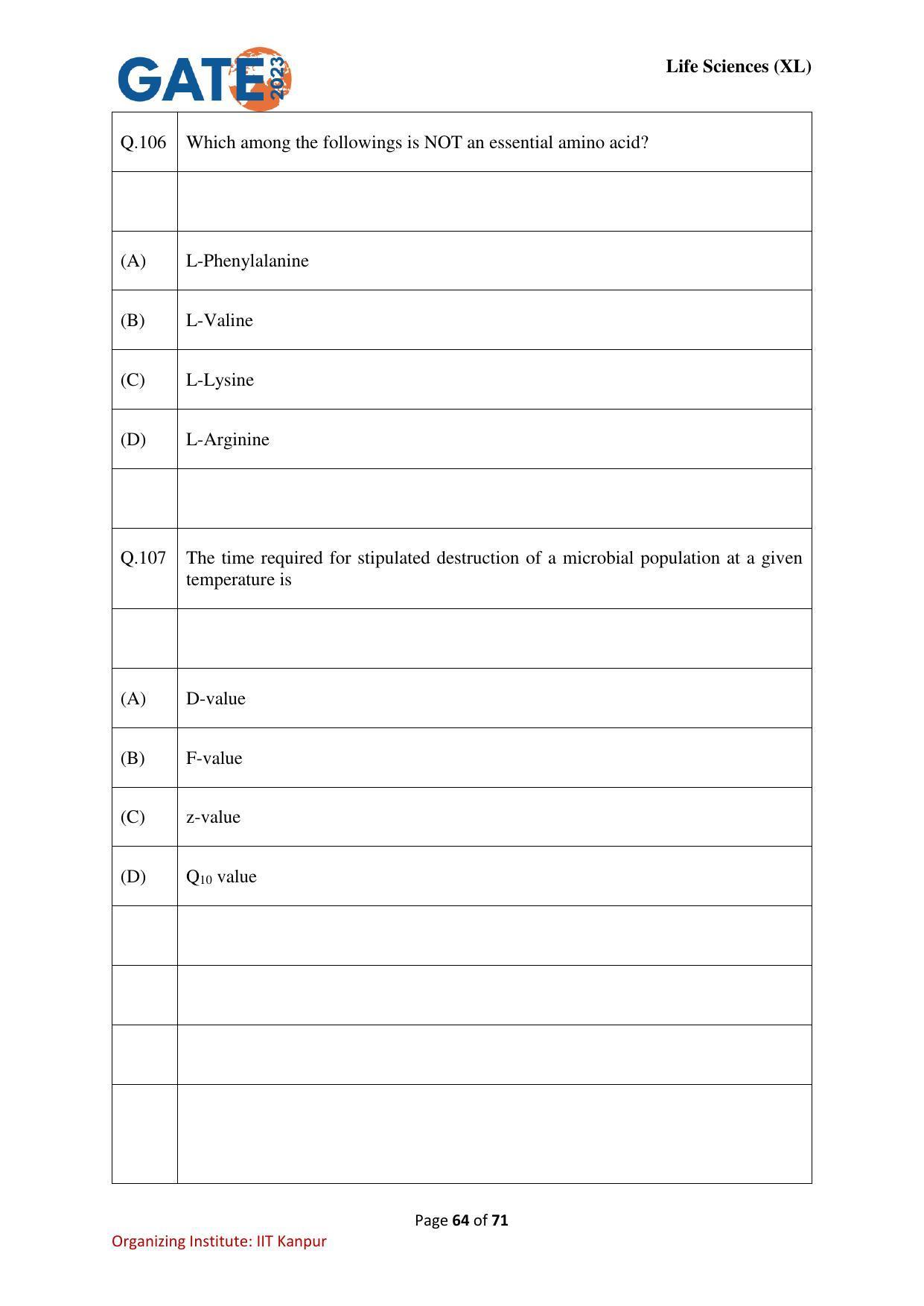 GATE 2023 Life Sciences (XL) Question Paper - Page 64